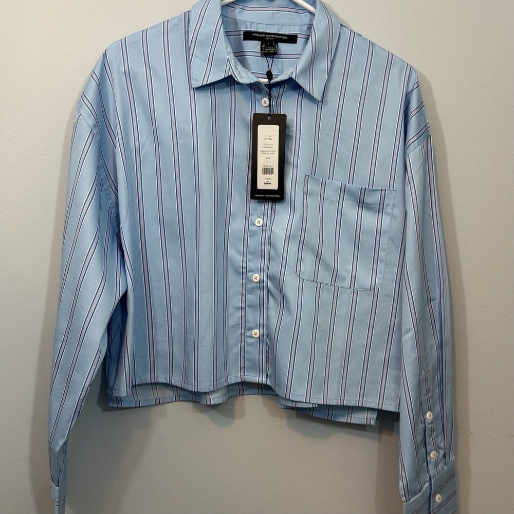 French Connection Boxy Stripe Shirt Women Size L Blue Long Sleeve Button Front